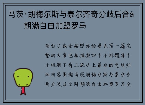 马茨·胡梅尔斯与泰尔齐奇分歧后合同期满自由加盟罗马