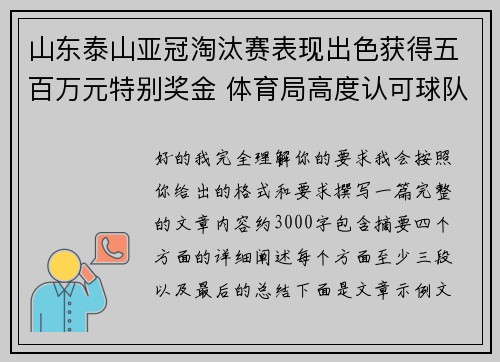山东泰山亚冠淘汰赛表现出色获得五百万元特别奖金 体育局高度认可球队努力