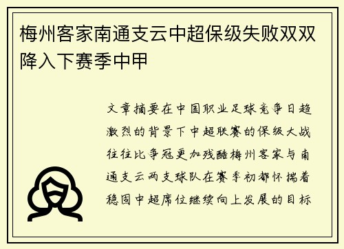 梅州客家南通支云中超保级失败双双降入下赛季中甲 梅州客家南通支云中超保级失败双双降入下赛季中甲