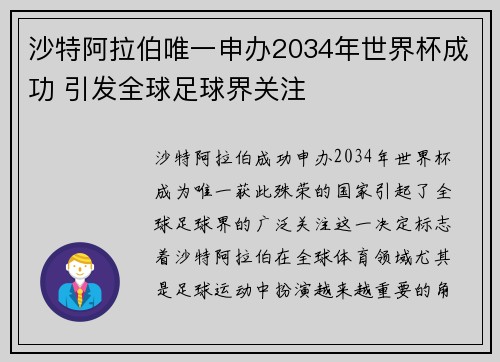 沙特阿拉伯唯一申办2034年世界杯成功 引发全球足球界关注 沙特阿拉伯唯一申办2034年世界杯成功 引发全球足球界关注
